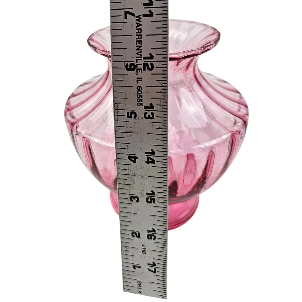 Vintage Pilgrim Glass Pink Depression Glass Ribbed  Vase Flared Ruffle Rim 6.25